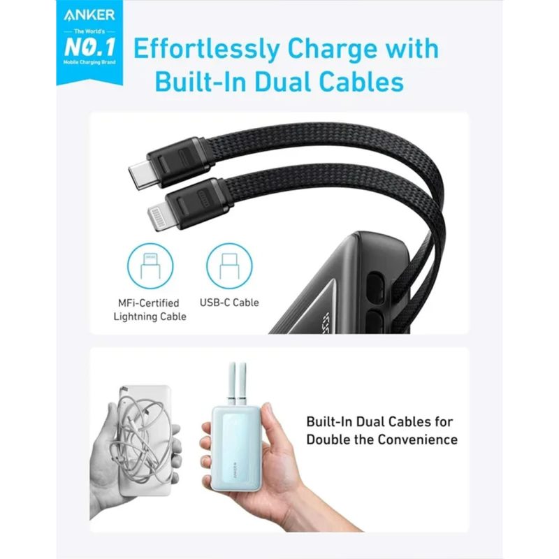 پاوربانک ۳۰ واتی انکر با ظرفیت ۲۰۰۰۰ میلی آمپر Anker Zolo Power Bank Built-in USB-C and Lightning Cable مدل A1681 - Image 8