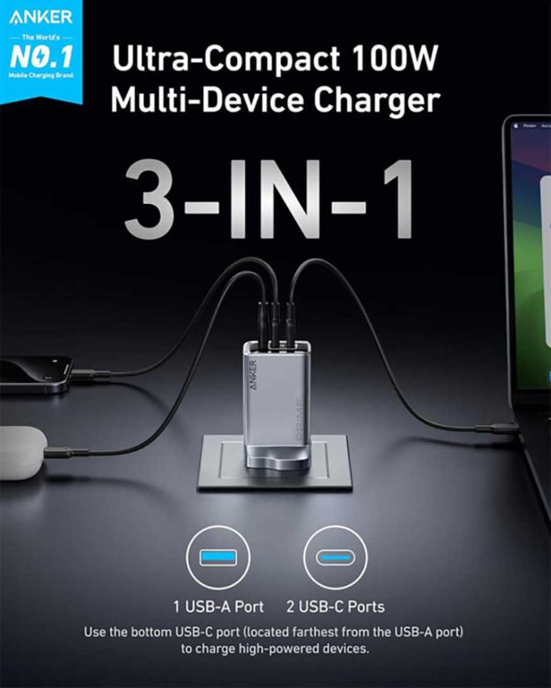 شارژر دیواری انکر Anker Prime Charger USB C 3-Port Super Compact Charger 100W مدل A2688 - Image 5